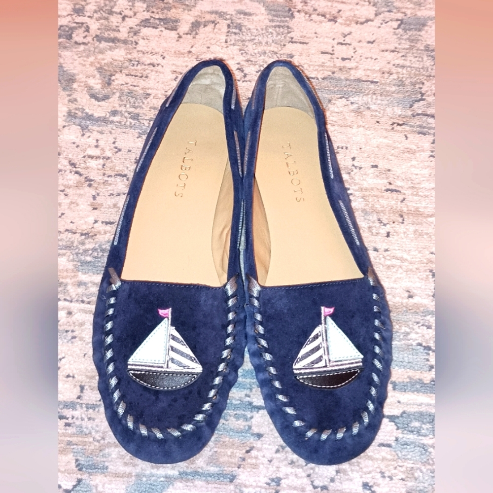 Talbots Blue Suede Sailboat Design Driving Loafer size 8